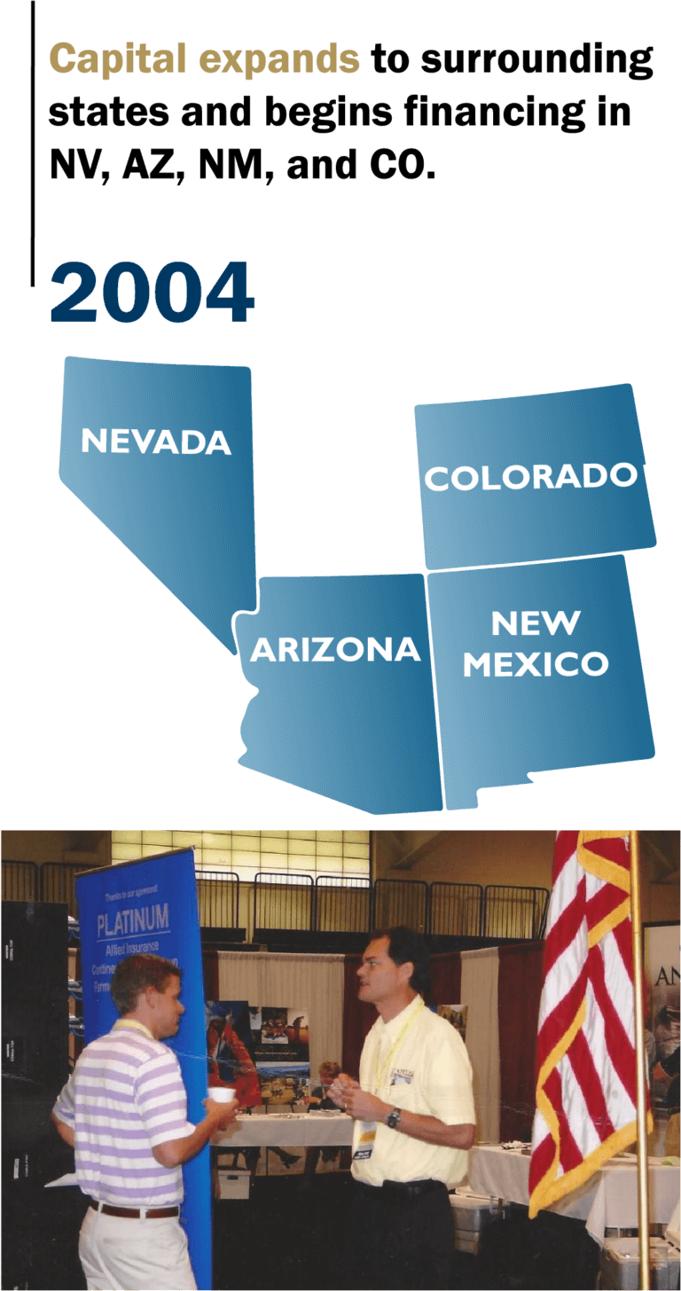 A man converses with another in front of a flag, representing Capital Premium Financing's commitment to communication and partnership.