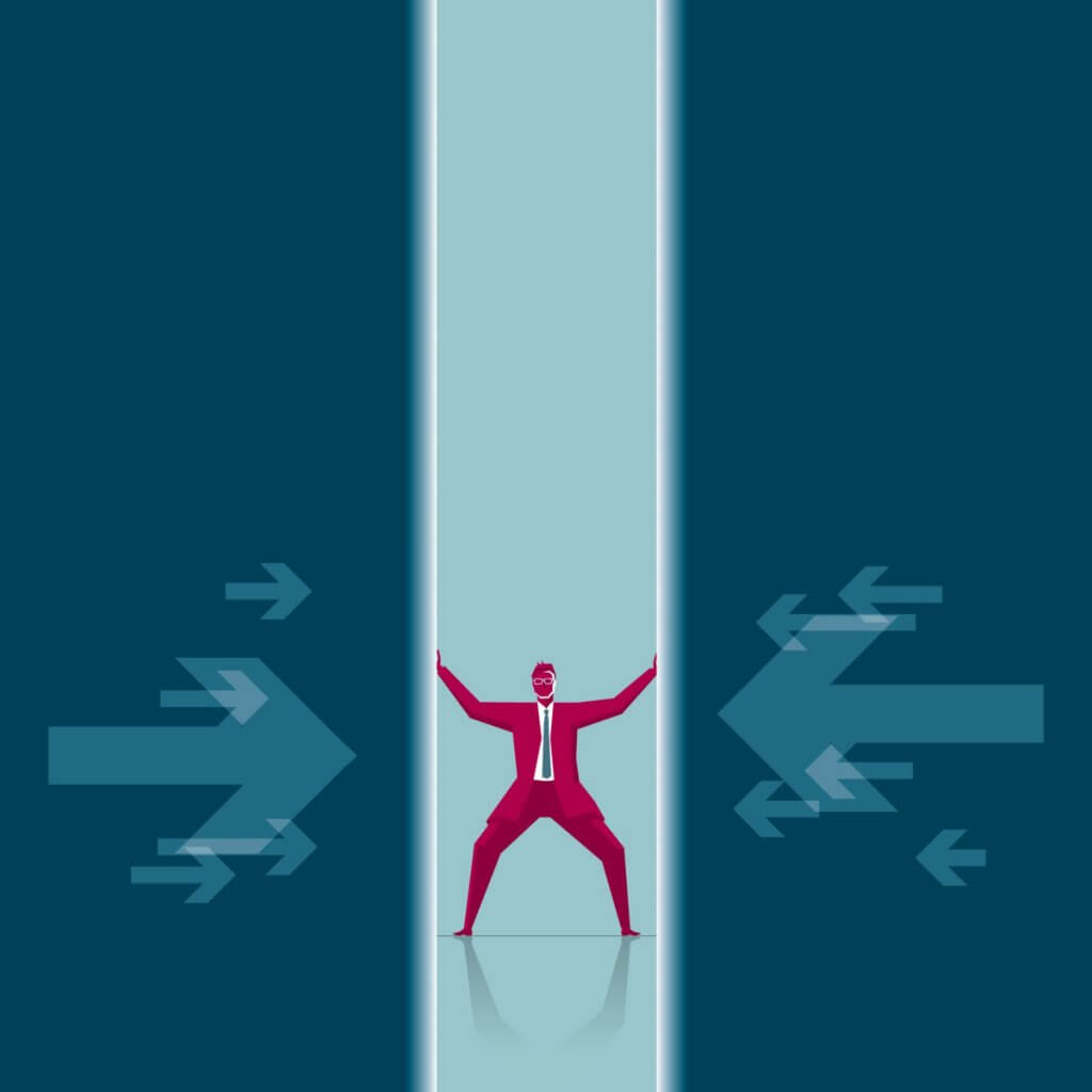 Businessman in doorway with arrows directing right, symbolizing growth and opportunity for Capital Premium Financing.