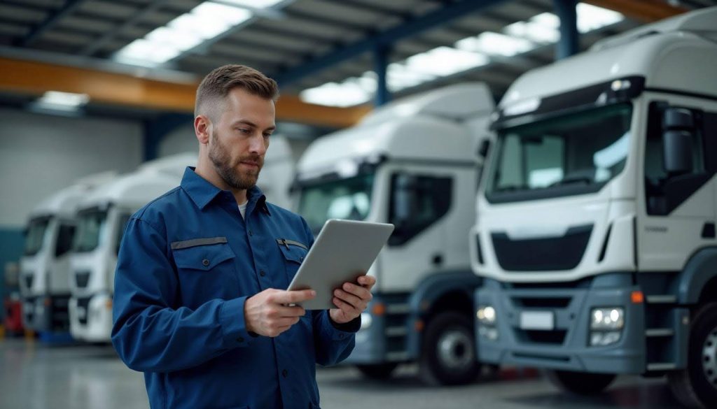 A man in a blue shirt holds a tablet standing in front of several trucks parked in a logistics yard