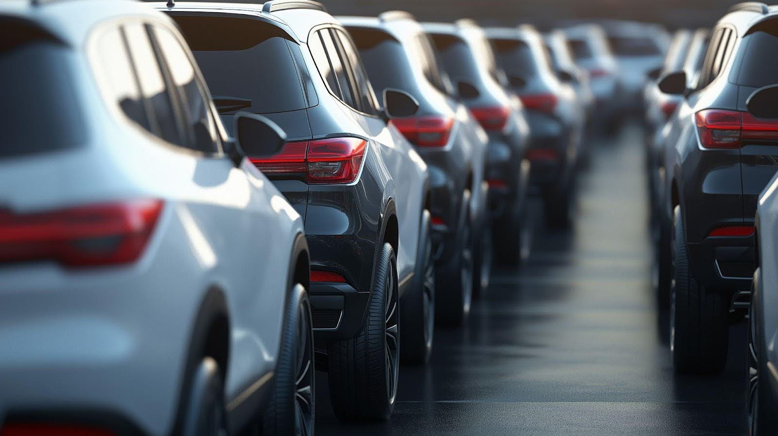 A row of parked cars in a parking lot showcasing various colors and models under clear blue skies