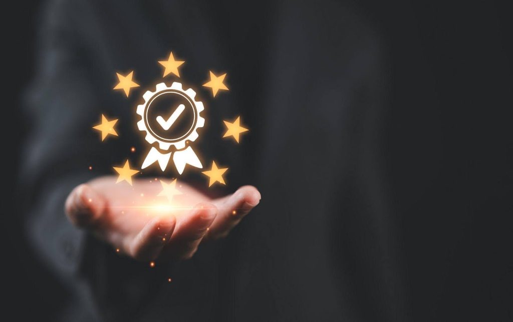 Businessman holds a five-star award symbolizing excellence