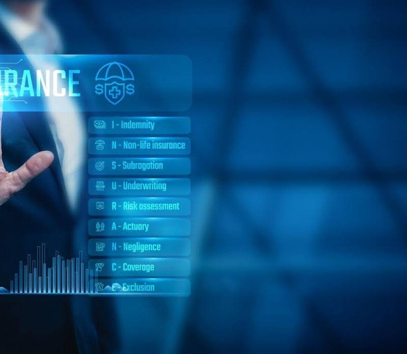 Digital display of insurance concepts with icons and data