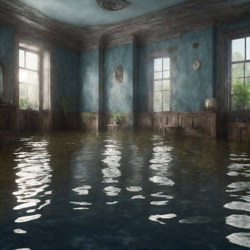 A flooded room featuring two windows, highlighting the impact of water damage on the interior space. Capital Premium Financing.