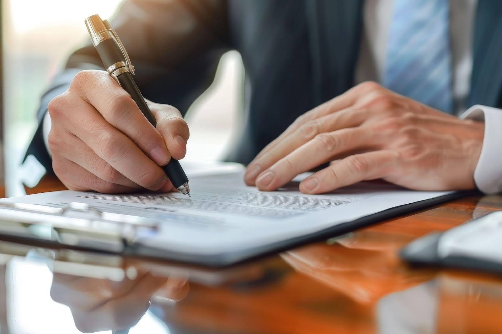 A man in a suit signs a document, marking an important decision