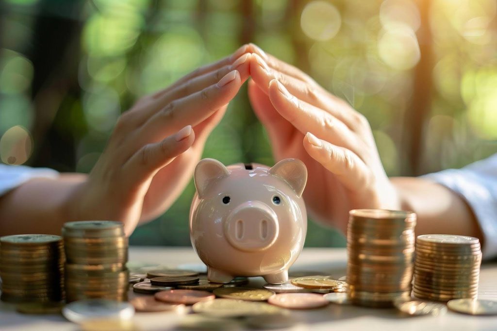 A woman holds a piggy bank surrounded by scattered coins, symbolizing savings