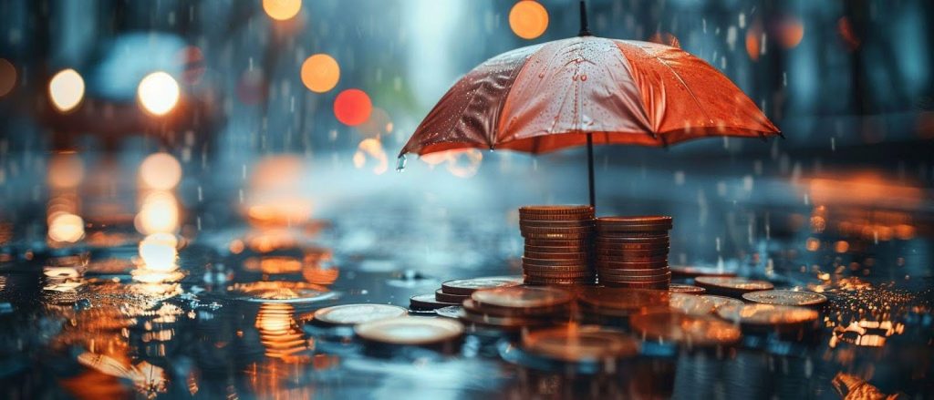 An umbrella atop coins symbolizes financial protection