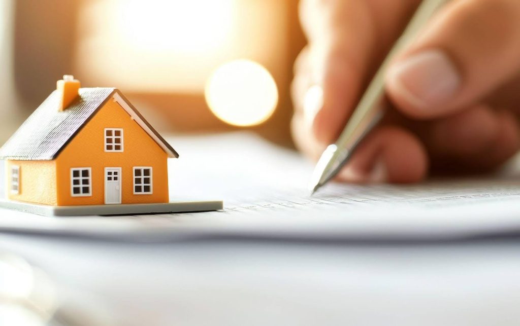 A person signing a contract next to a model house indicating a real estate transaction