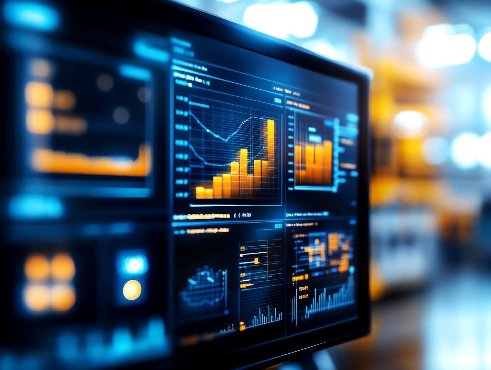 A computer monitor displaying various graphs and charts illustrating data analysis and trends