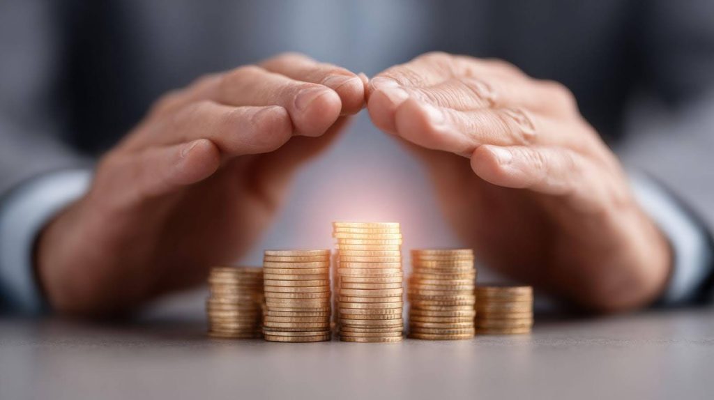 Businessman's hands shield coins symbolizing financial protection